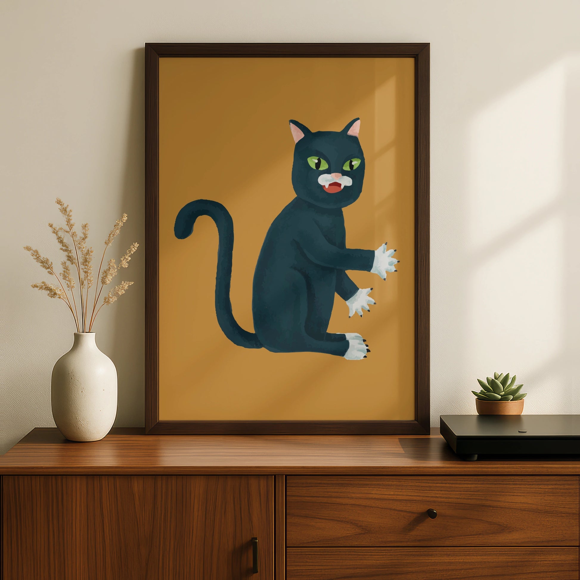 Halloween Black Cat Poster, Spooky Cat Wall Art, Witchy Cat Print, Mustard Orange Decor