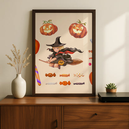 Halloween Witch Pumpkin Ghost Wall Art, Black Cat Candy Poster, Cute Spooky Print
