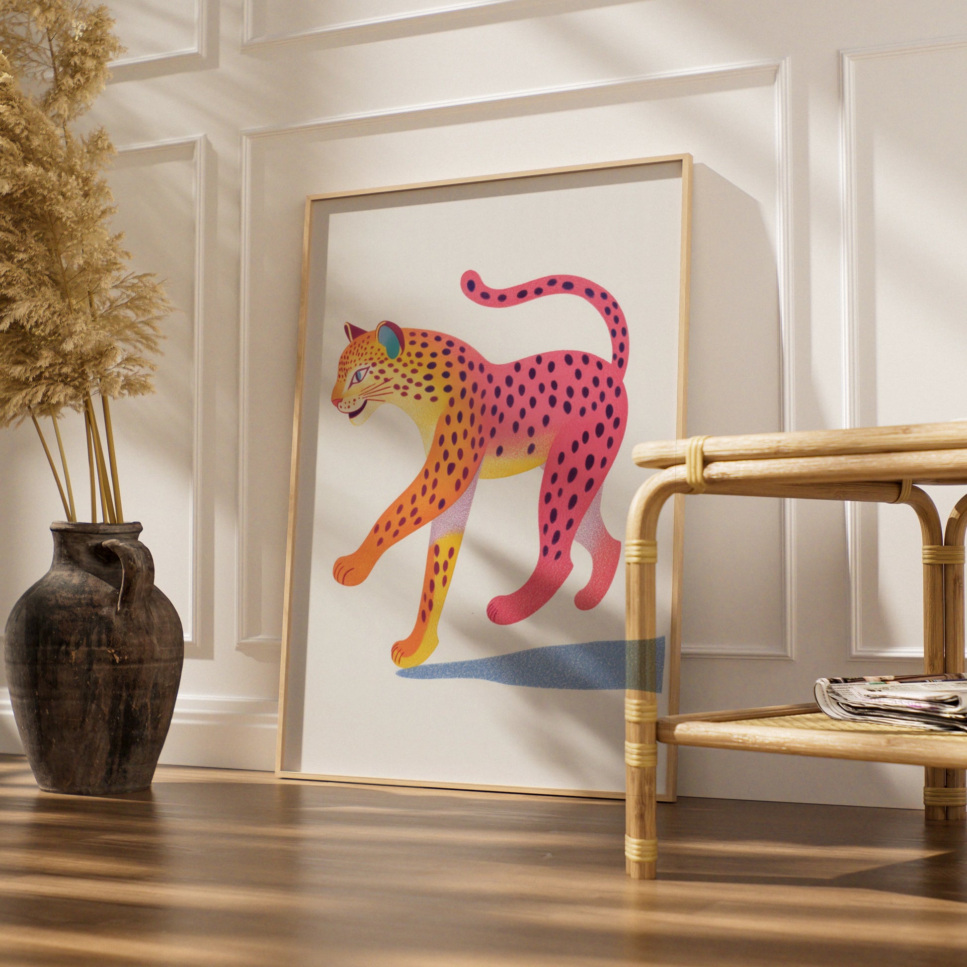 Colourful Leopard Nursery Wall Art, Kids Animal Print, Bold Pink Cheetah Poster