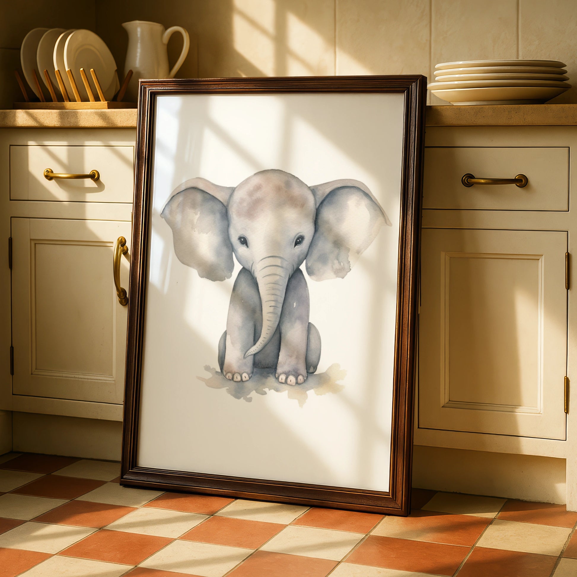 Baby Elephant Nursery Wall Art, Watercolour Animal Print, Grey Kids Room Poster