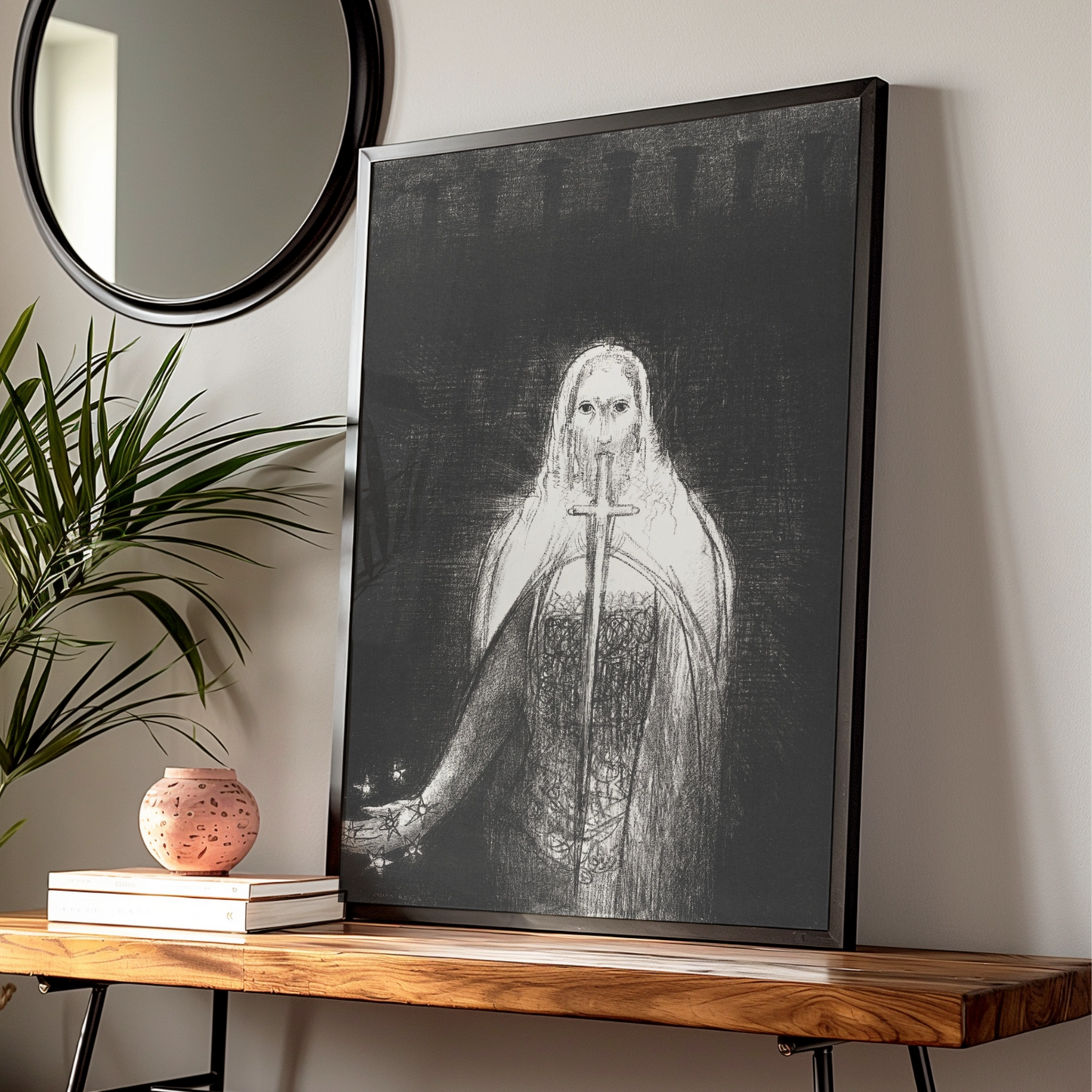 Halloween Gothic Ghost Figure Poster, Dark Occult Wall Art, Black White Sword Print