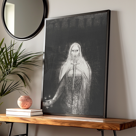 Halloween Gothic Ghost Figure Poster, Dark Occult Wall Art, Black White Sword Print