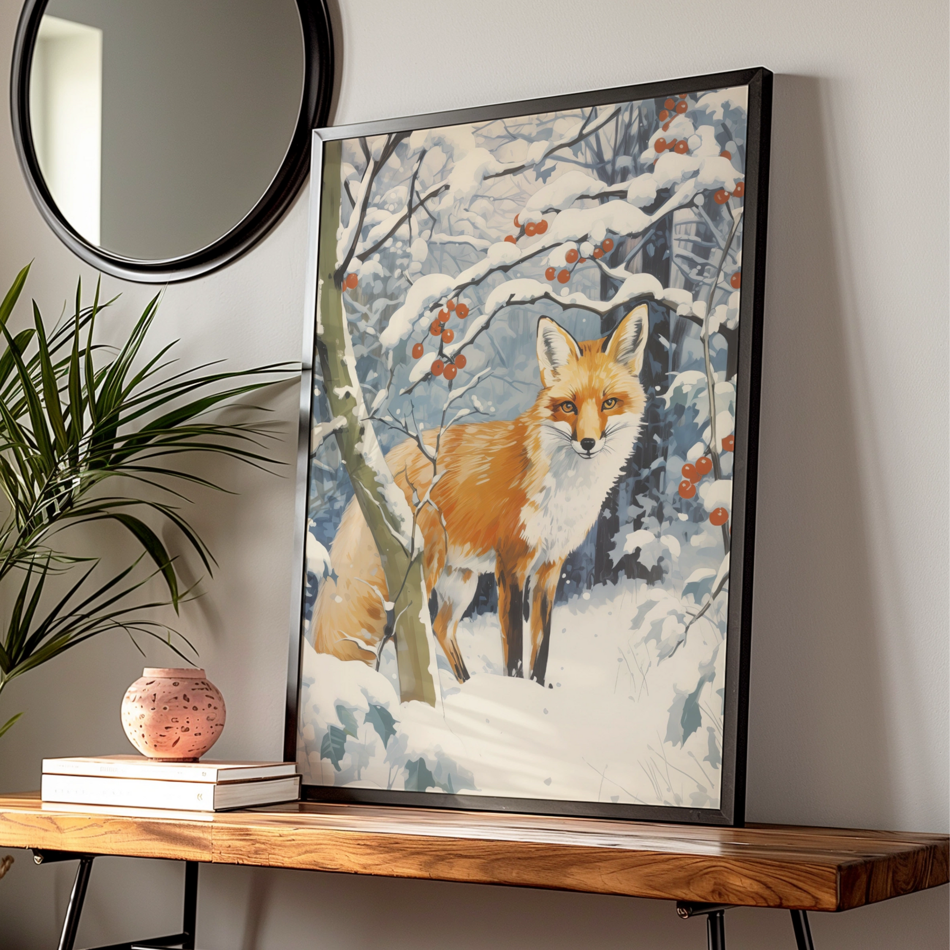 Christmas Fox Poster, Winter Snow Forest Wall Art, Red Fox Print, Festive Wildlife Decor