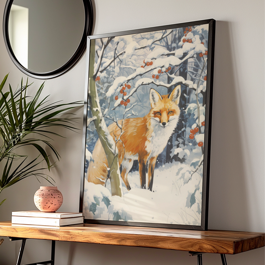 Christmas Fox Poster, Winter Snow Forest Wall Art, Red Fox Print, Festive Wildlife Decor