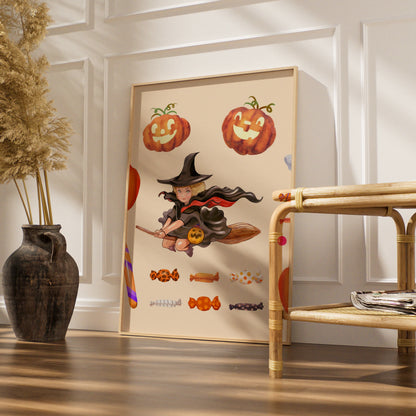 Halloween Witch Pumpkin Ghost Wall Art, Black Cat Candy Poster, Cute Spooky Print