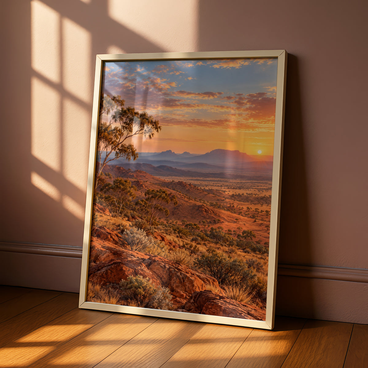 Australian Outback Sunset Landscape Print, Red Earth, Gum Tree, Outback Wall Art