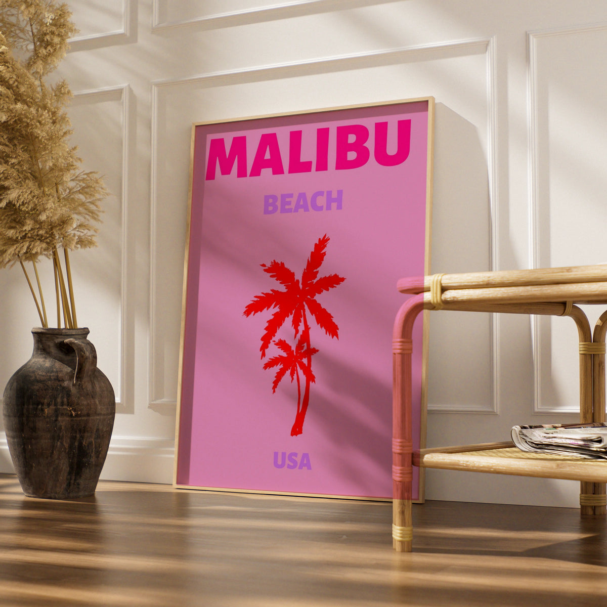 Malibu Beach Travel Poster, California Wall Art, Retro USA Palm Tree Print