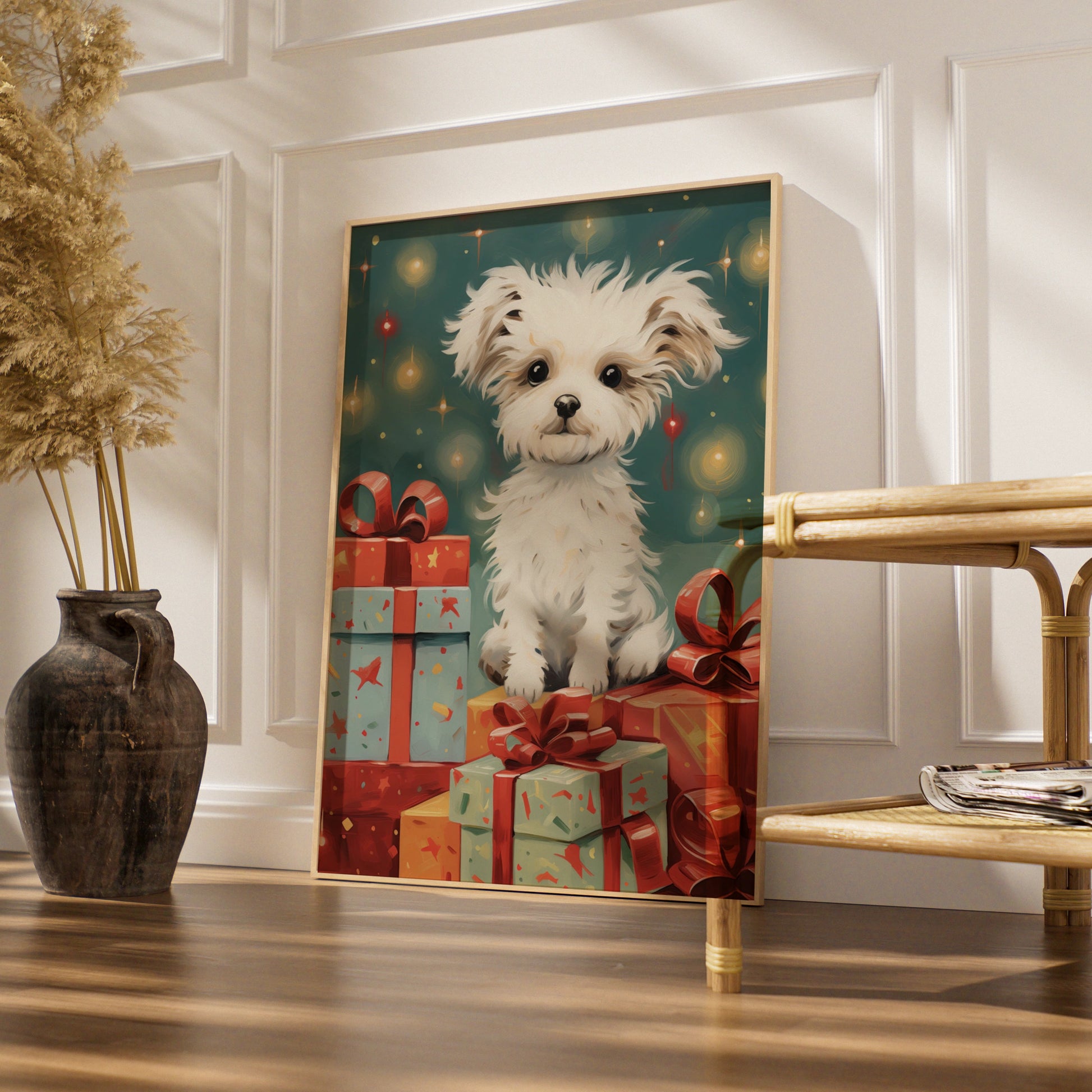 Christmas Puppy Poster, Cute White Dog with Gifts, Festive Xmas Wall Art Print