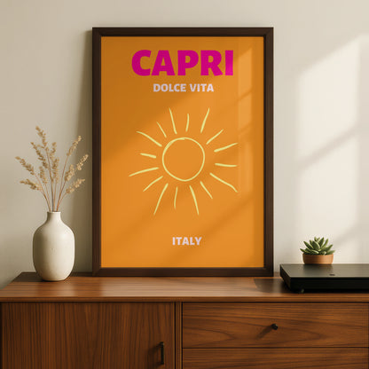Capri Italy Travel Poster, Retro Sun Wall Art, Italian Holiday Print, Dolce Vita Decor