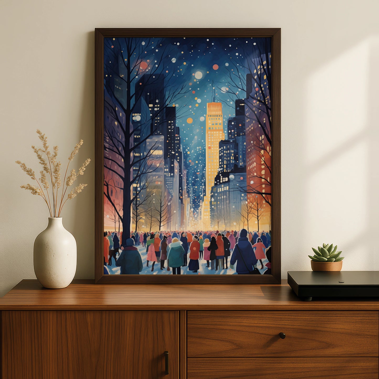 Christmas City Night Poster, Winter Snow Scene Wall Art, Festive New York Print