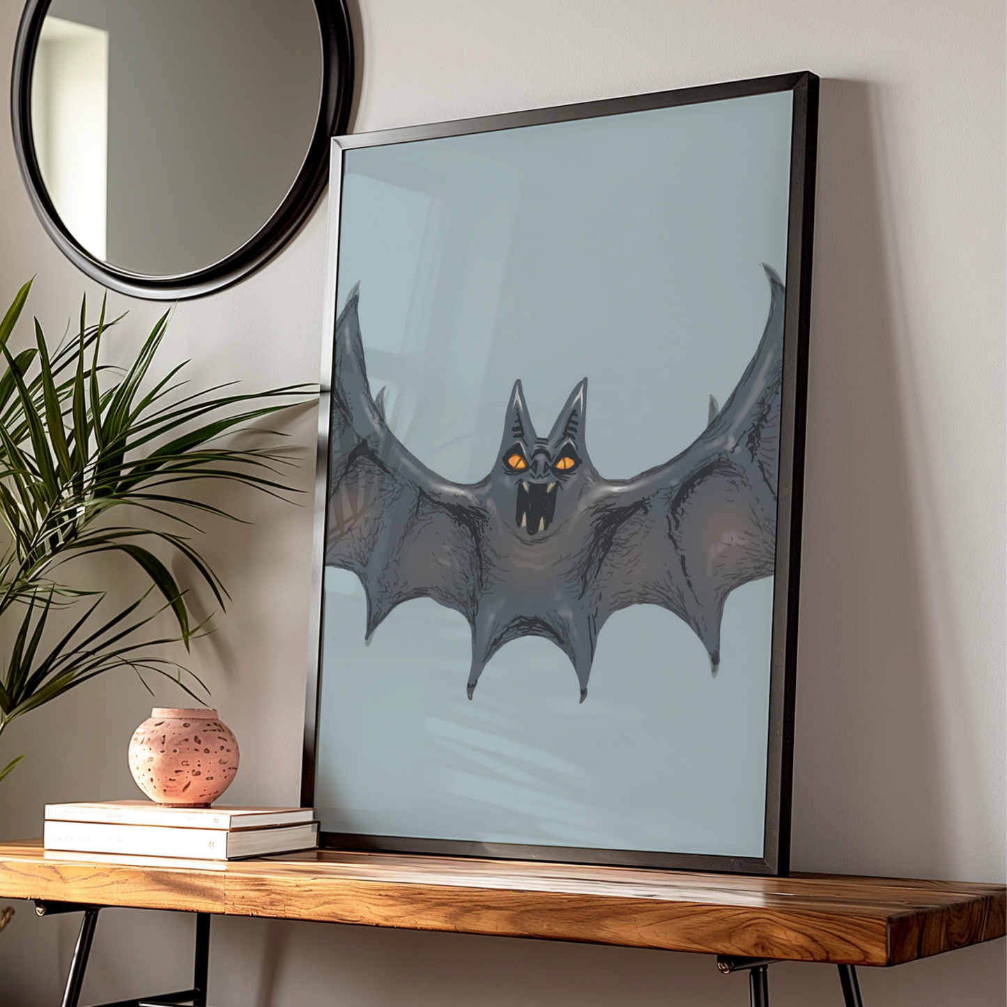 Halloween Bat Wall Art, Spooky Bat Poster, Gothic Horror Print, Orange Eyes Dark Creature
