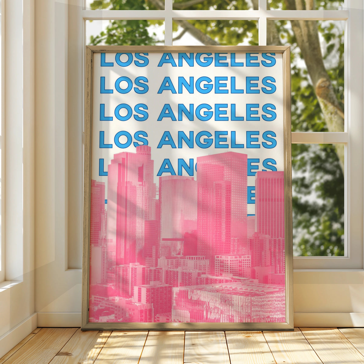 Los Angeles Travel Poster, Retro LA City Wall Art, Pink Blue Skyline Print, California