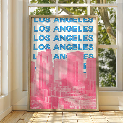 Los Angeles Travel Poster, Retro LA City Wall Art, Pink Blue Skyline Print, California