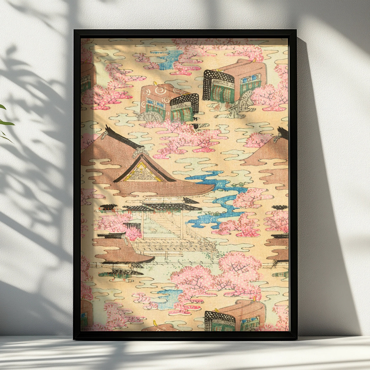 Vintage Japanese Woodblock Wall Art, Cherry Blossom Temple Print, Japandi Poster – A4 Black frame