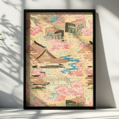 Vintage Japanese Woodblock Wall Art, Cherry Blossom Temple Print, Japandi Poster – A4 Black frame