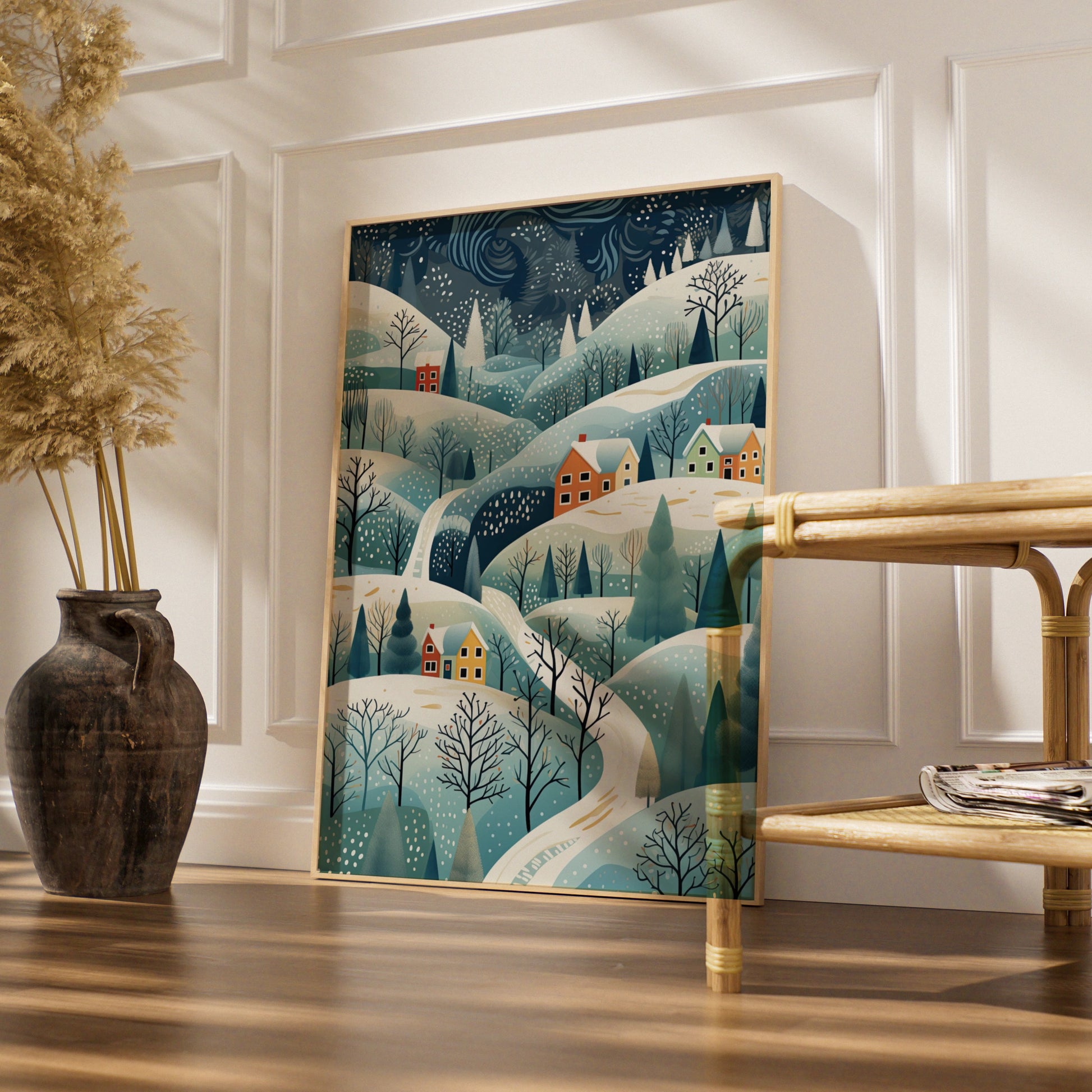 Christmas Village Poster, Snowy Winter Landscape Print, Festive Holiday Wall Art, Scandi Xmas Decor