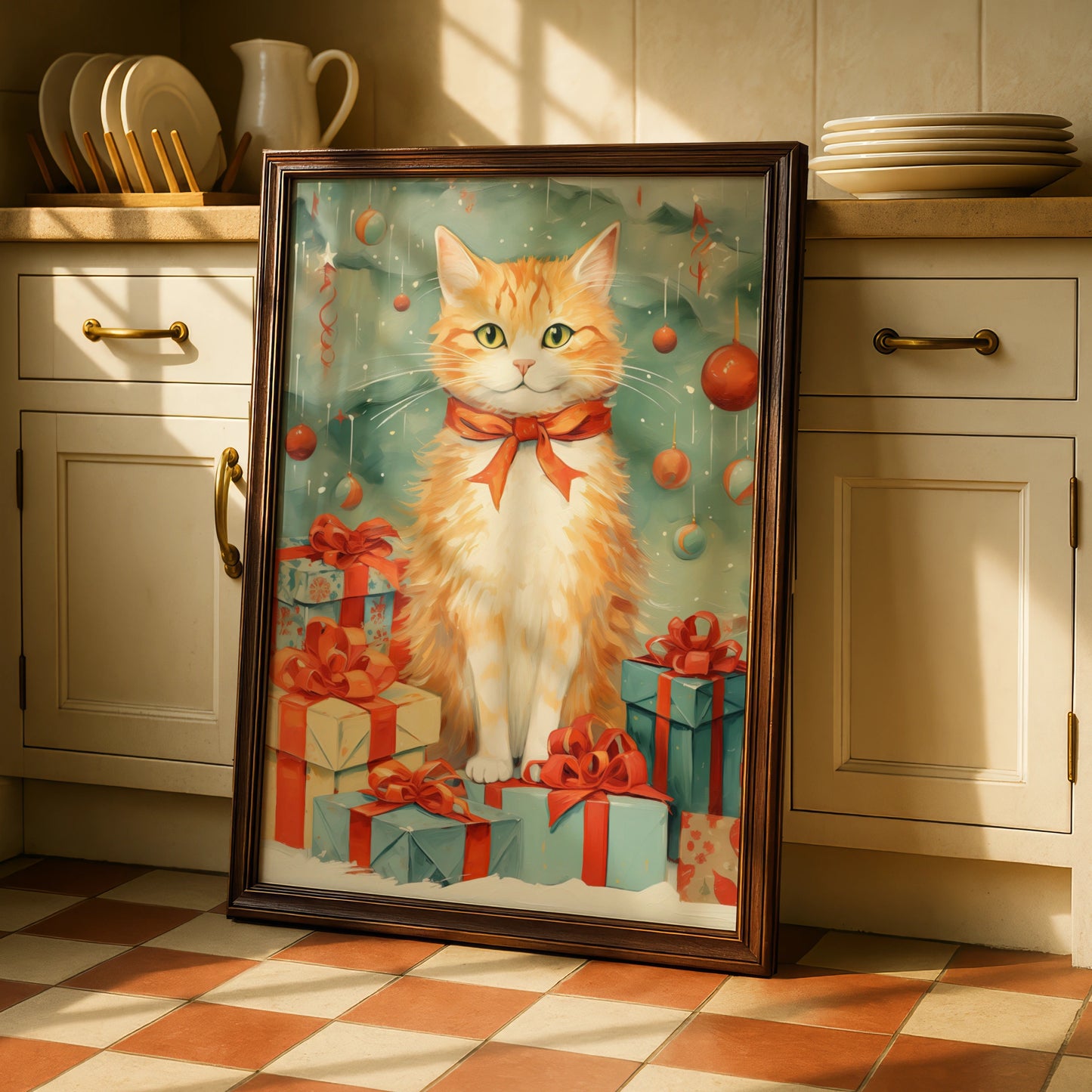 Christmas Cat Poster, Ginger Cat Art Print, Festive Xmas Wall Art, Holiday Gift Decor