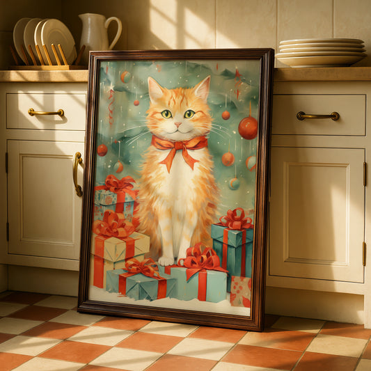 Christmas Cat Poster, Ginger Cat Art Print, Festive Xmas Wall Art, Holiday Gift Decor
