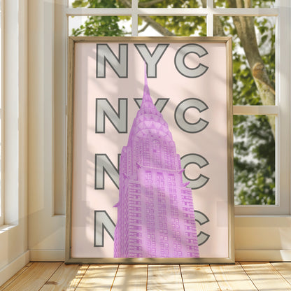 New York City Travel Poster, NYC Wall Art, Pink Retro City Print, Manhattan Skyscraper Decor