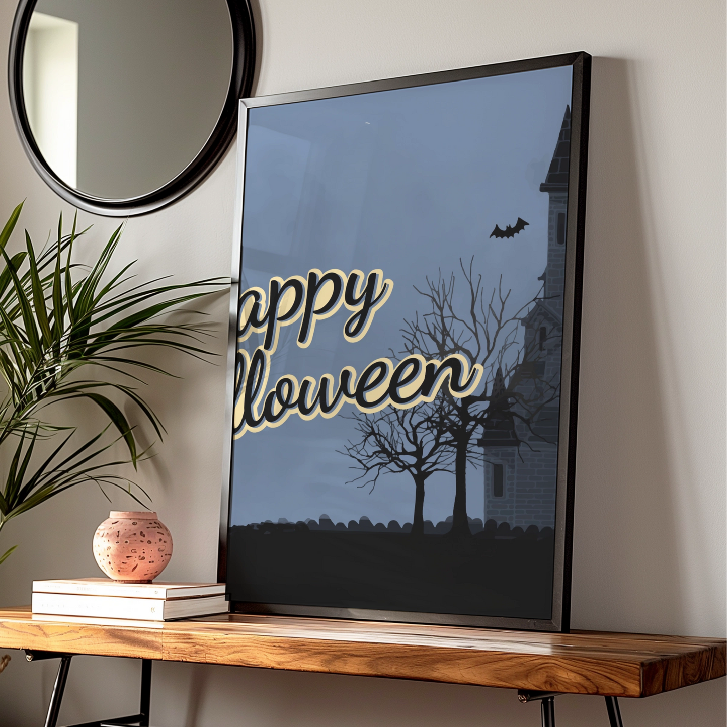 Happy Halloween Haunted House Poster, Spooky Castle Bats Full Moon Wall Art Print