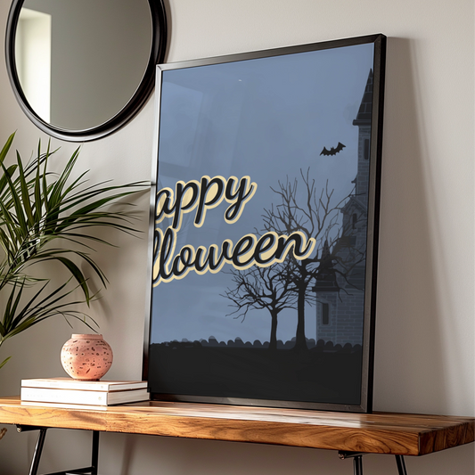 Happy Halloween Haunted House Poster, Spooky Castle Bats Full Moon Wall Art Print