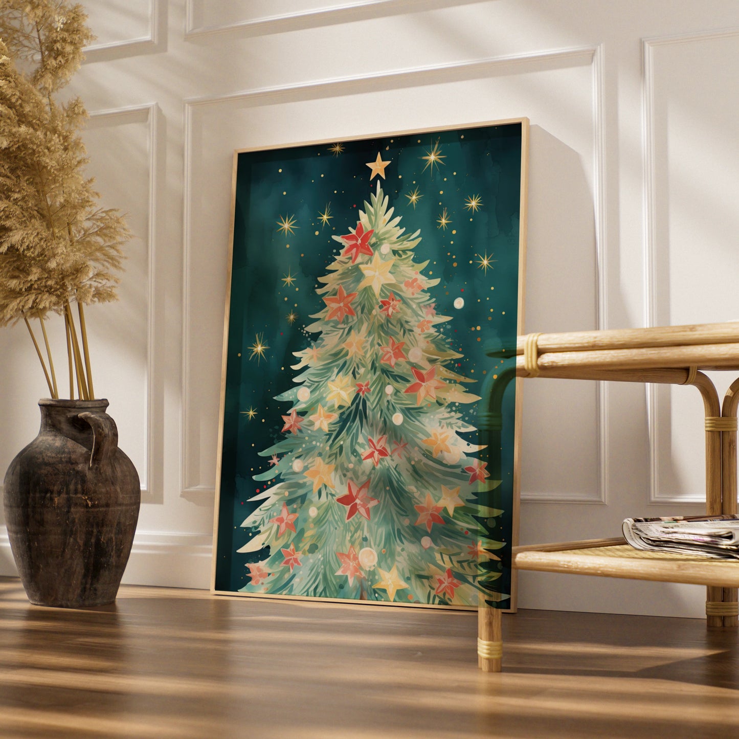 Christmas Tree Poster, Watercolour Festive Wall Art, Teal Gold Star Print, Holiday Decor