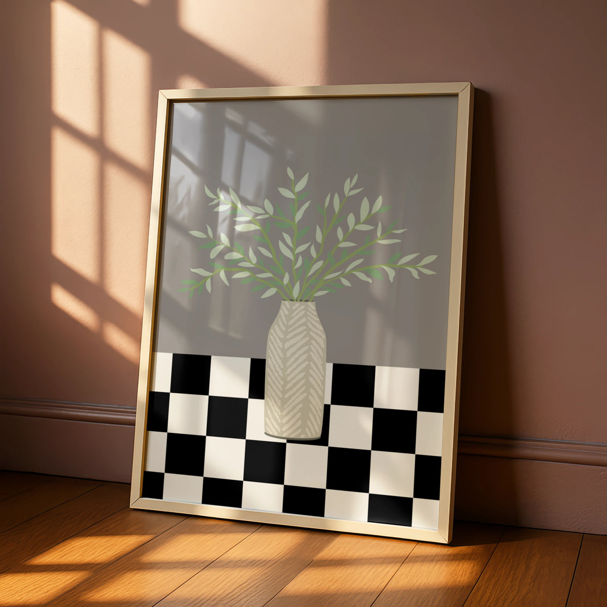 Matisse Style Botanical Vase Poster, Green Leaves Grey Wall Art, Checkerboard Print