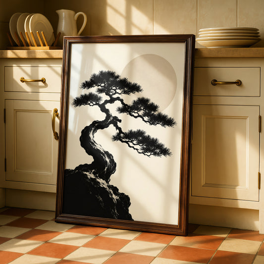 Bonsai Tree Moon Print, Monochrome Wall Art, Japanese Pine Minimalist Poster, Neutral Gallery Wall