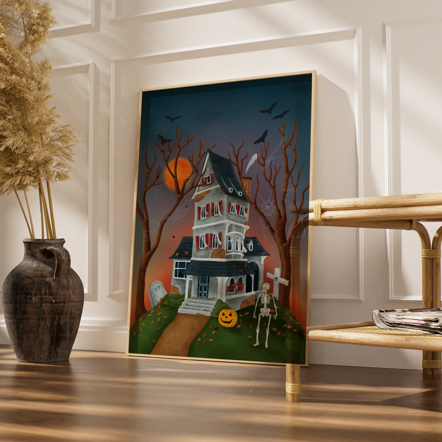 Haunted House Halloween Poster, Spooky Wall Art, Skeleton Pumpkin Bat Print, Gothic Home Decor