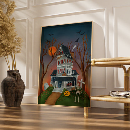 Haunted House Halloween Poster, Spooky Wall Art, Skeleton Pumpkin Bat Print, Gothic Home Decor