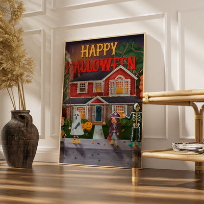 Happy Halloween Trick or Treat Poster, Kids Costume Wall Art, Spooky Neighbourhood Print