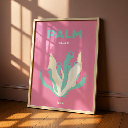Palm Beach Travel Poster, Florida USA Wall Art, Retro Beach Print, Pink Coral Coastal Decor