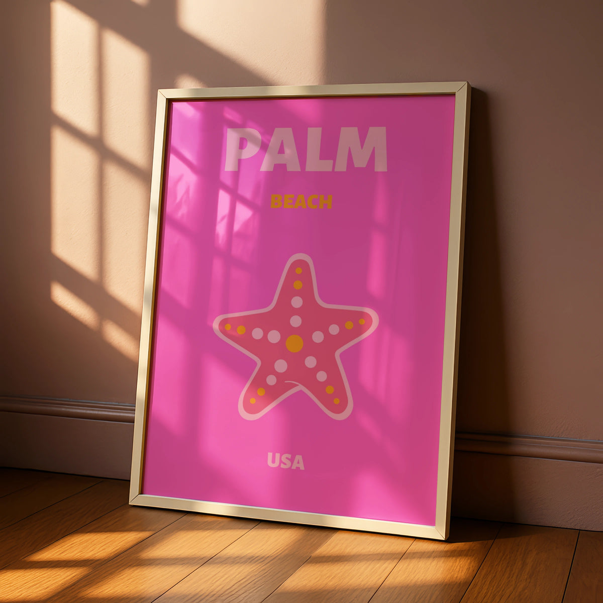 Palm Beach Florida Travel Poster, Retro USA Wall Art, Pink Starfish Print