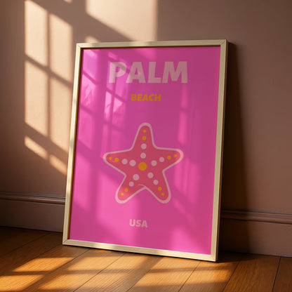 Palm Beach Florida Travel Poster, Retro USA Wall Art, Pink Starfish Print