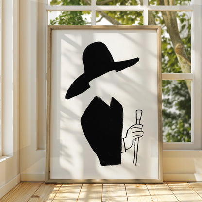 Halloween Witch Poster, Black Silhouette Art Print, Spooky Wide Brim Hat Wall Art