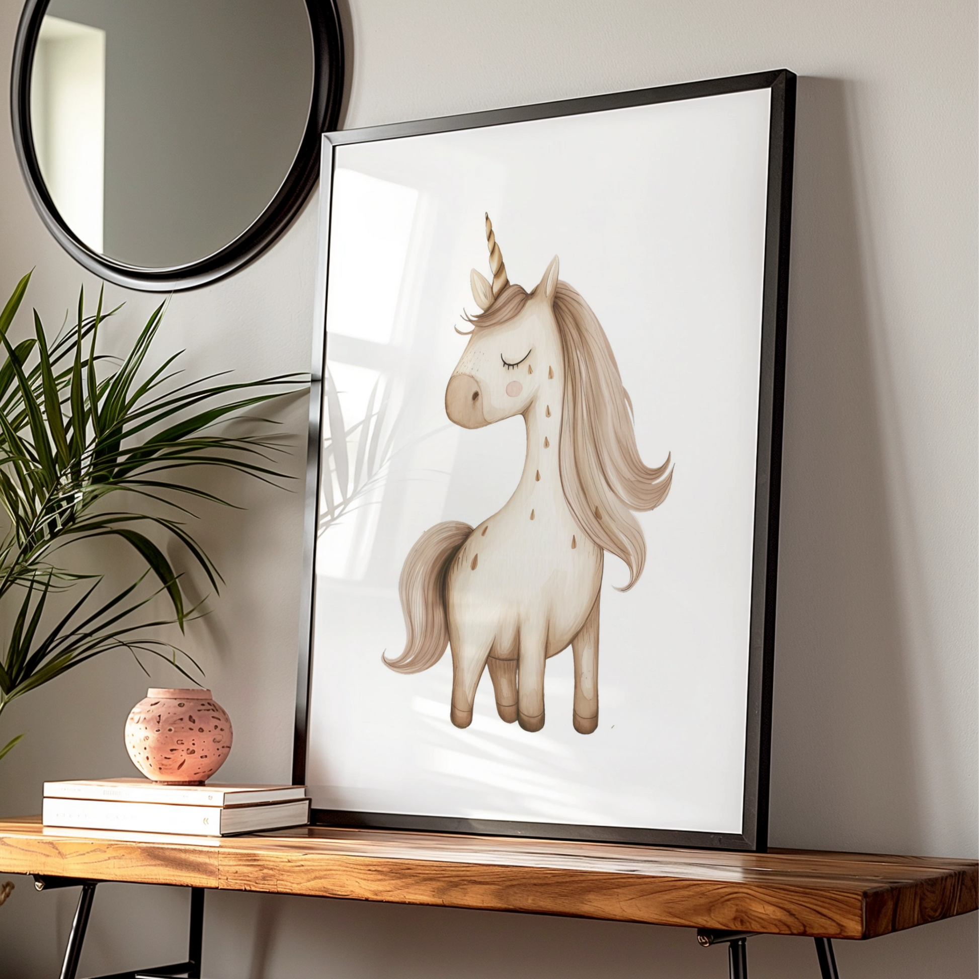 Unicorn Nursery Wall Art, Boho Beige Unicorn Poster, Girls Room Decor Print
