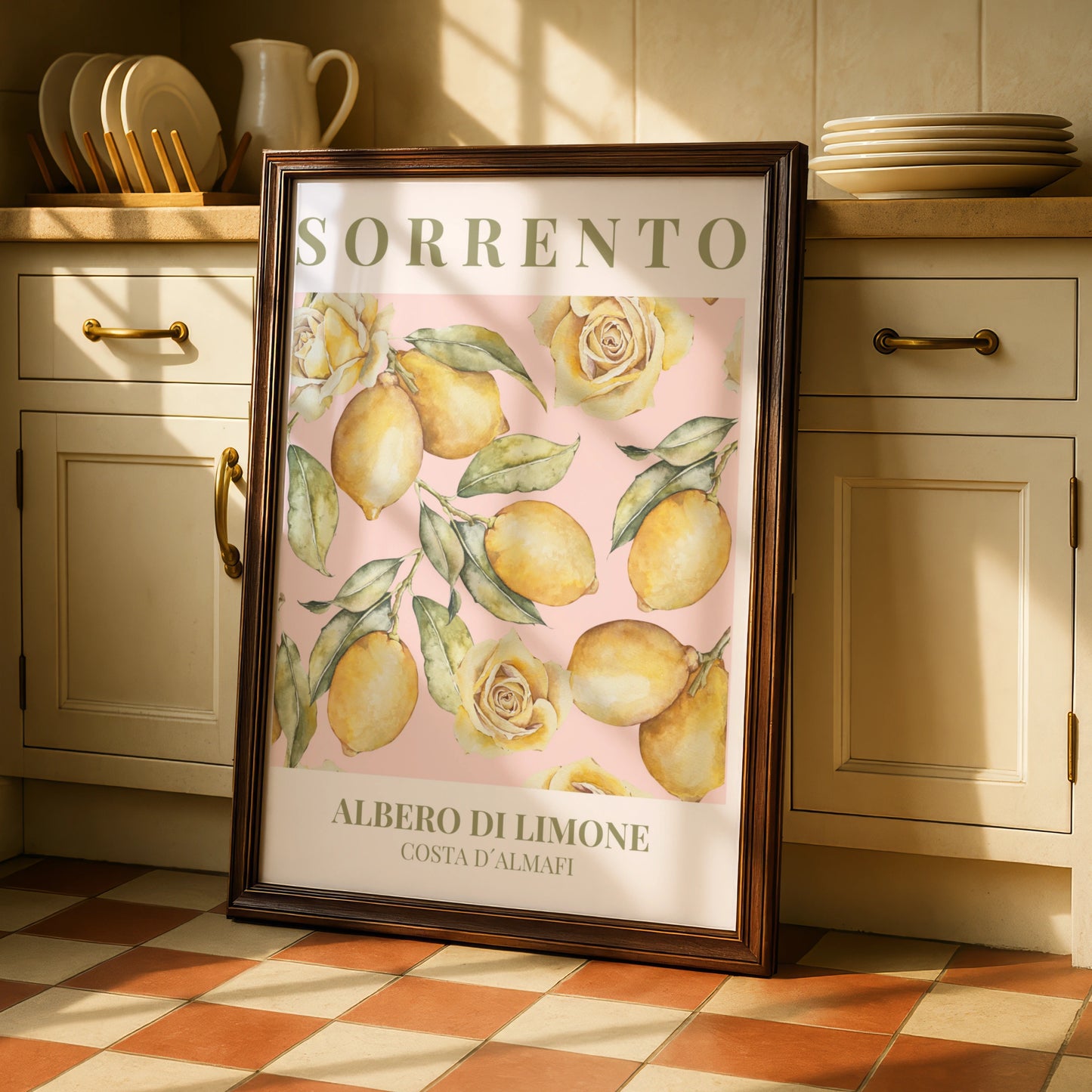 Sorrento Lemon Poster, Maximalist Italian Wall Art, Amalfi Coast Pink Floral Print