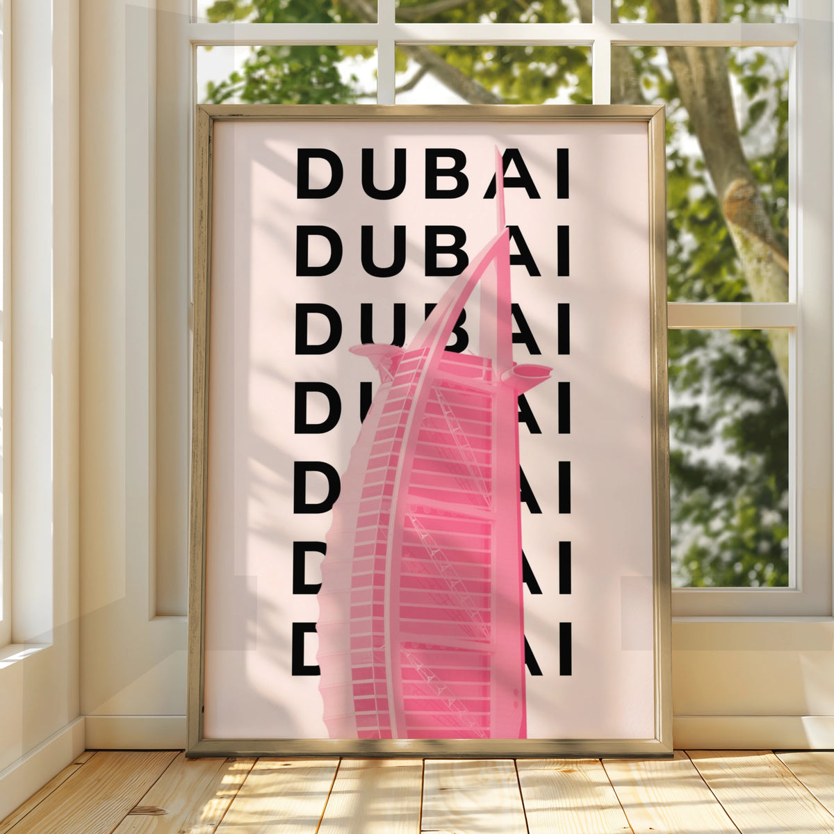 Dubai Travel Poster, UAE City Wall Art, Pink Retro Print, Modern Architecture Decor
