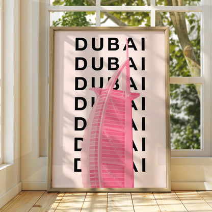 Dubai Travel Poster, UAE City Wall Art, Pink Retro Print, Modern Architecture Decor