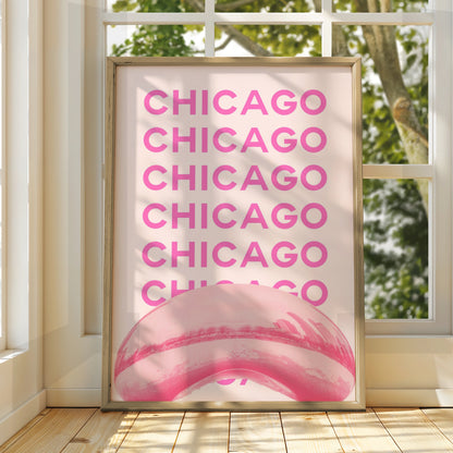 Chicago Travel Poster Pink Wall Art, Illinois City Print, Retro USA Travel Decor