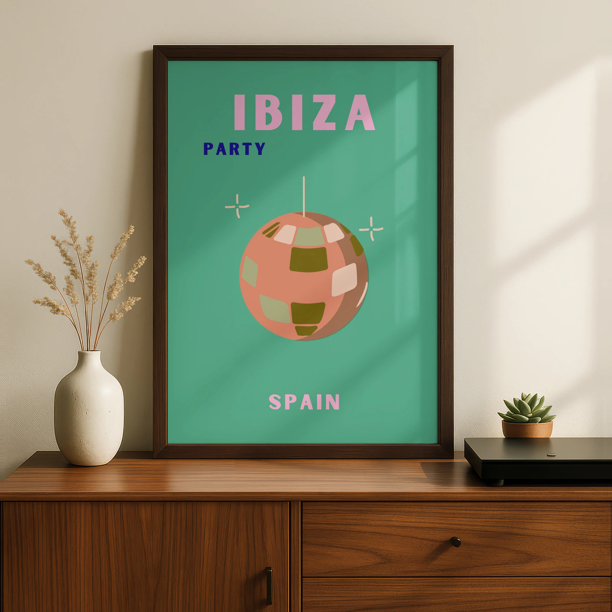 Ibiza Party Travel Poster, Spain Wall Art, Retro Disco Ball Print, Colourful Holiday Poster
