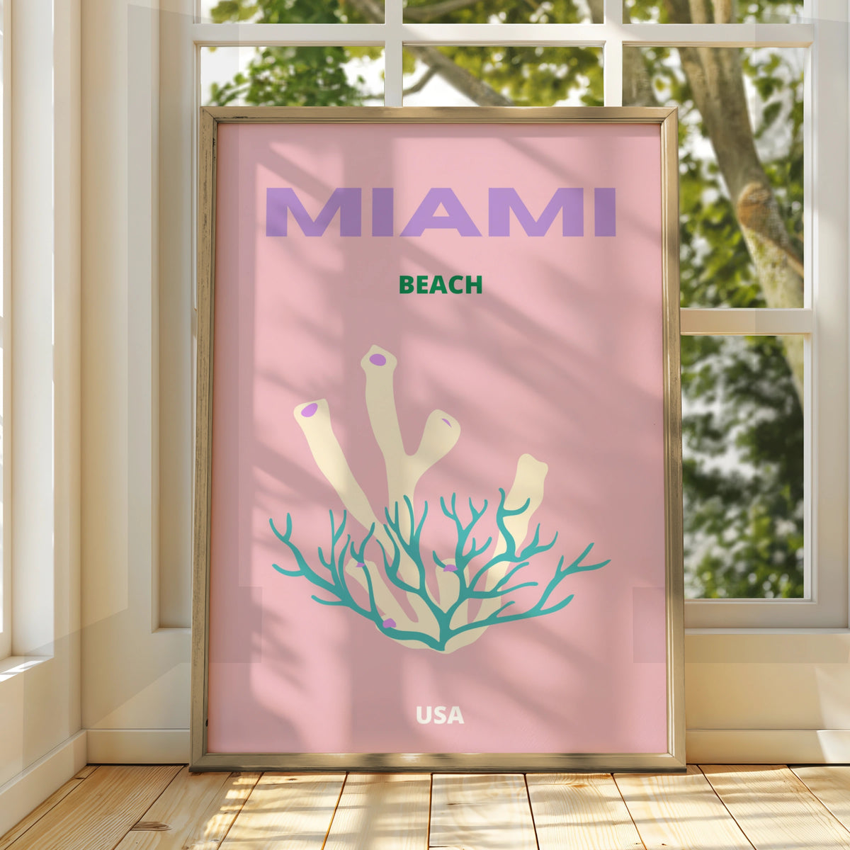 Miami Beach Travel Poster, Florida USA Wall Art, Retro Coral Print, Pink Coastal Decor