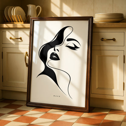 Muse Woman Face Line Art, Monochrome Wall Art, Minimalist Black and White Poster, Gallery Wall Print