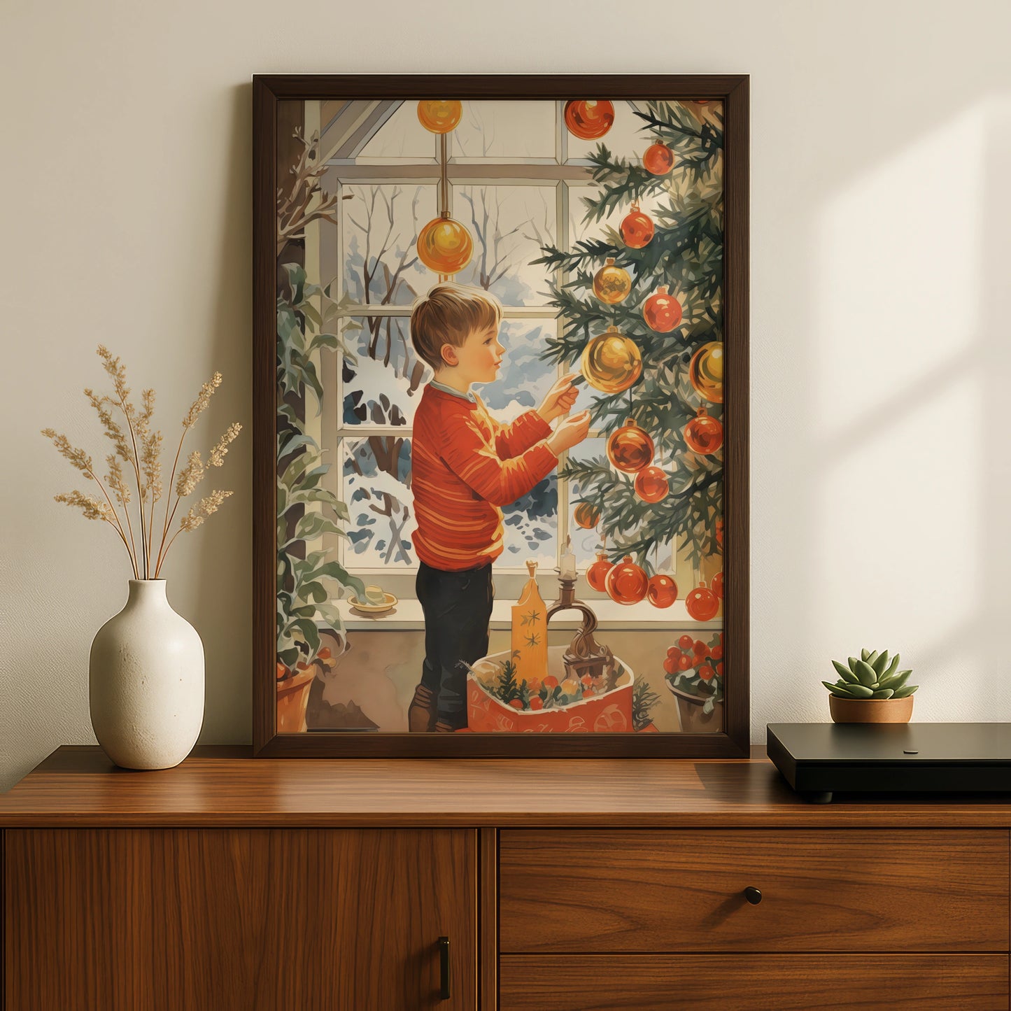 Christmas Tree Decoration Poster, Boy Hanging Baubles, Festive Retro Wall Art Print