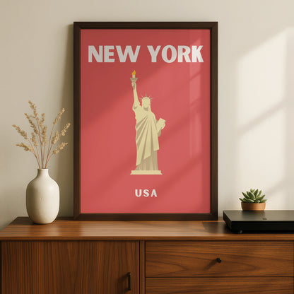 New York Travel Poster, USA Retro Wall Art, Statue of Liberty Print, NYC Decor