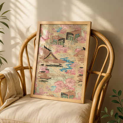 Vintage Japanese Woodblock Wall Art, Cherry Blossom Temple Print, Japandi Poster – A5 White frame