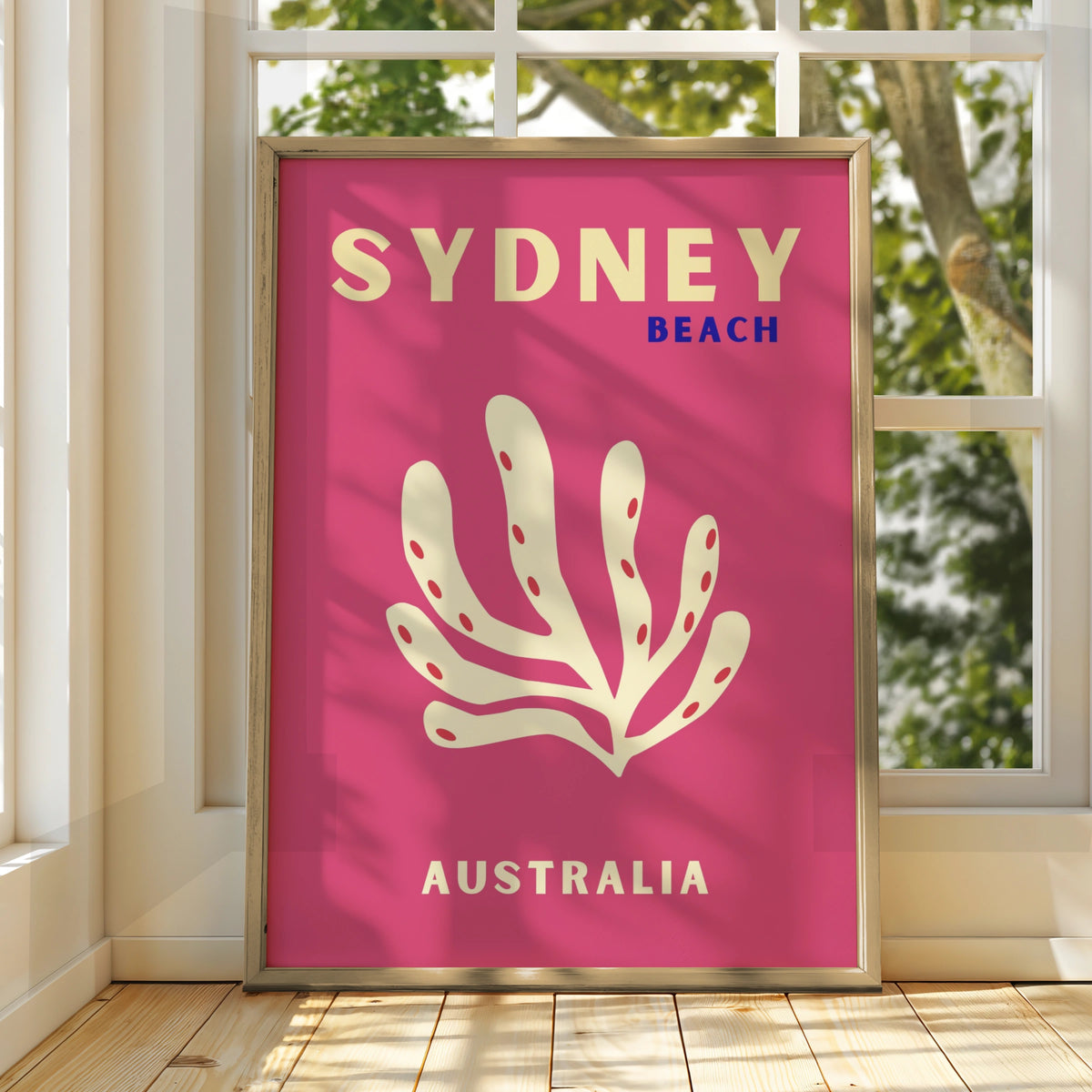 Sydney Beach Australia Travel Poster, Retro Coral Wall Art, Pink Australian Print