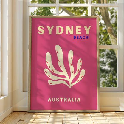 Sydney Beach Australia Travel Poster, Retro Coral Wall Art, Pink Australian Print