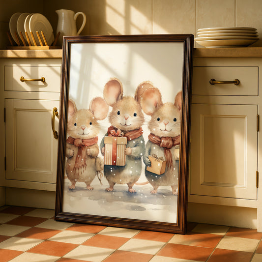 Christmas Mouse Poster, Cute Mice with Gifts Winter Wall Art, Watercolour Xmas Animal Print