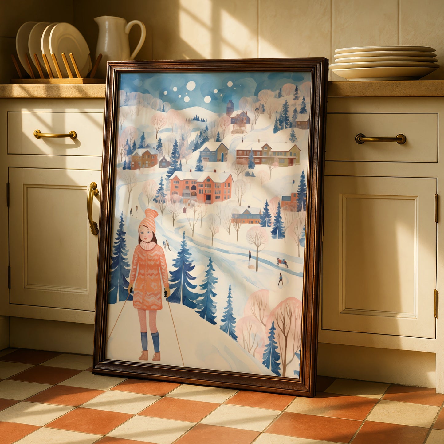 Christmas Winter Village Poster, Ski Girl Snow Scene, Festive Wall Art, Blue Pink Nordic Print